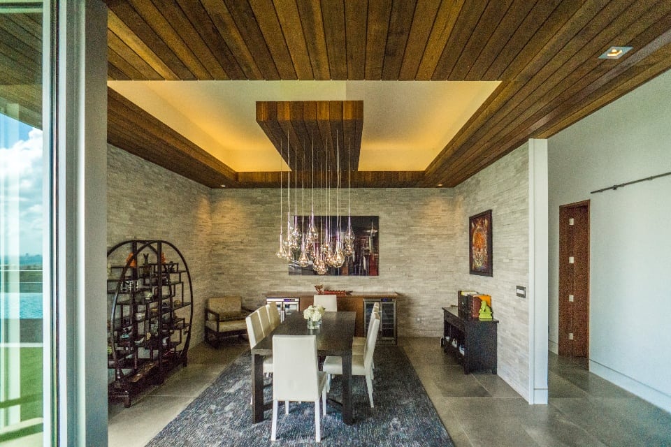 Interior Dining Room with Wood Panel Ceiling
