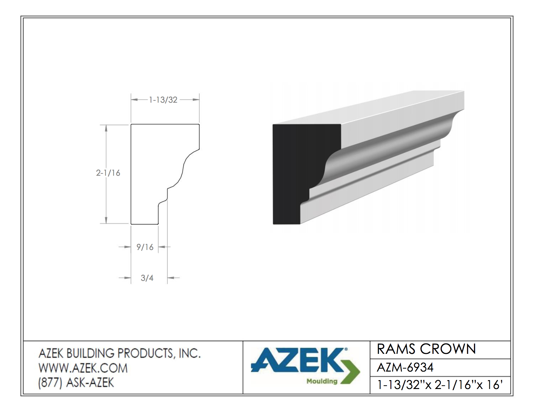 Azek Moulding Rams Crown AZM 6934 Specifications - TimberTown