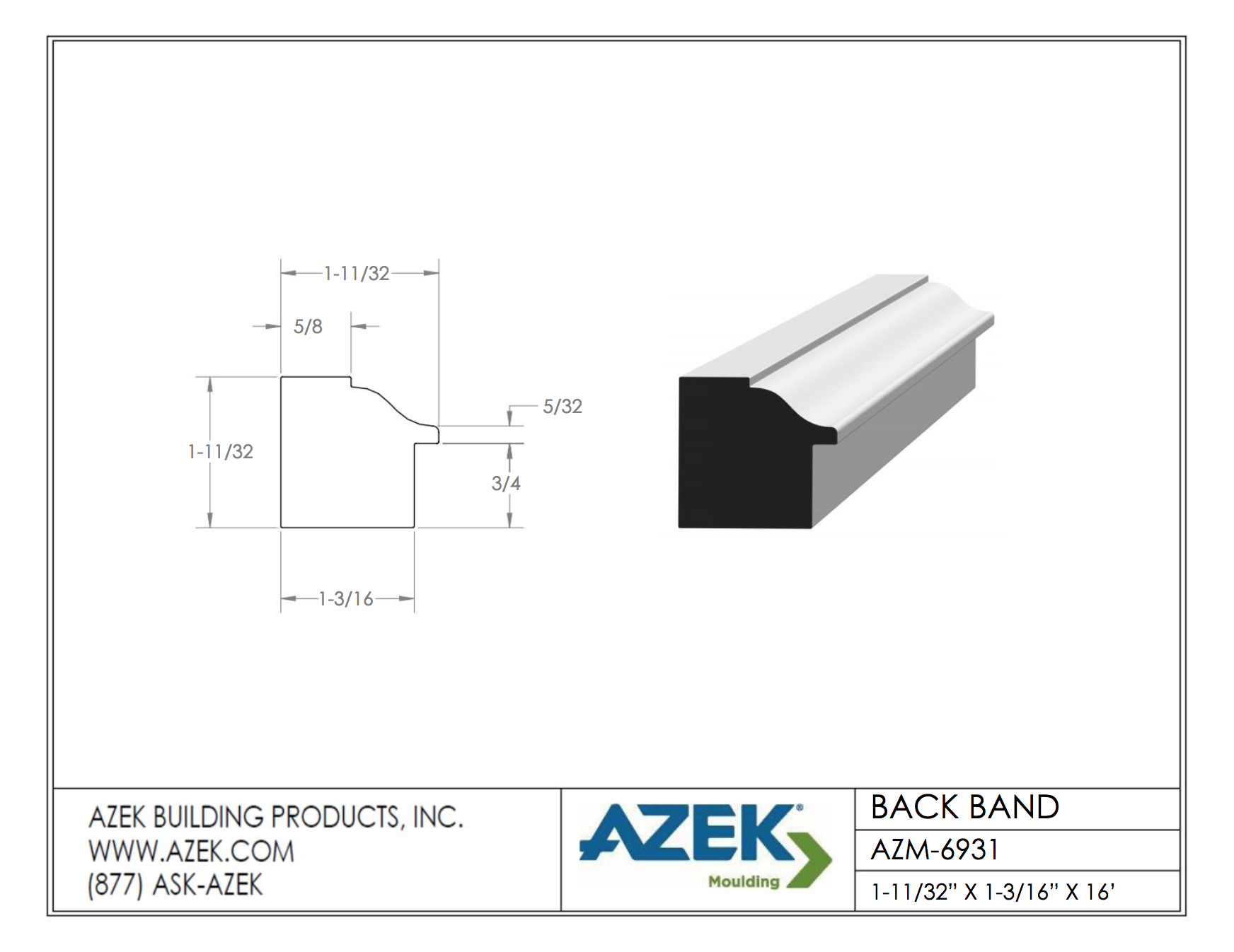 Azek Moulding Back Band AZM 6931 Specifications - TimberTown