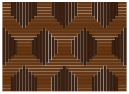 Brown deck boards arranged in repeating interlocking squares with alternating horizontal and vertical orientations.