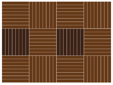 Brown deck boards arranged in a grid of alternating horizontal and vertical sections.