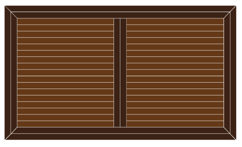 Horizontal brown deck boards surrounded by a mitered border and divided by a central vertical board.