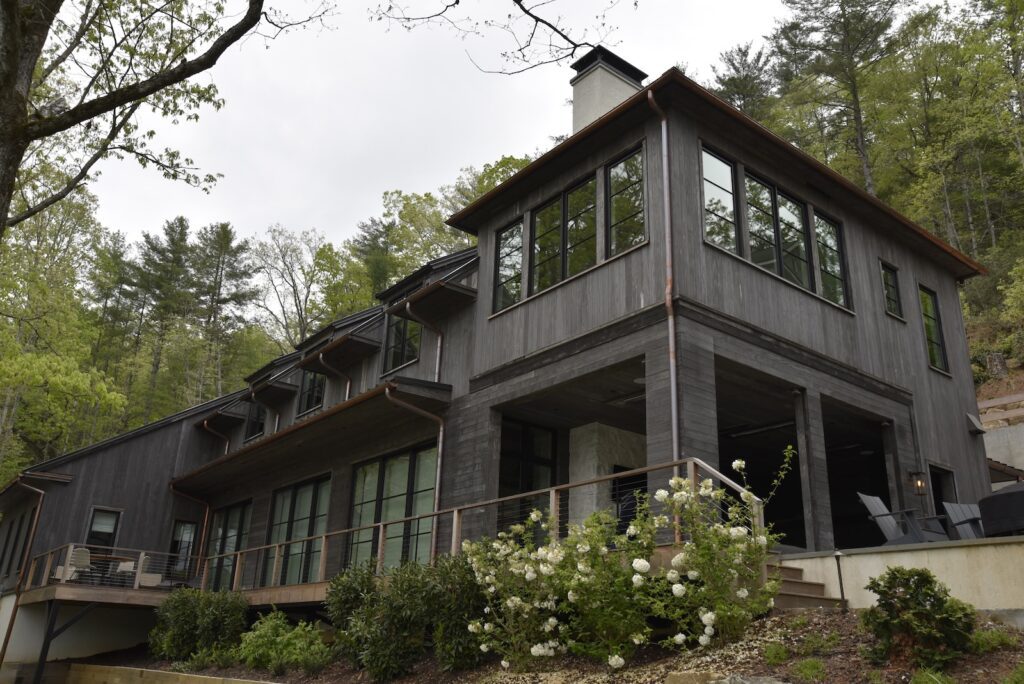 Accoya Grey siding with refined architectural transitions at the Lake Burton residence.