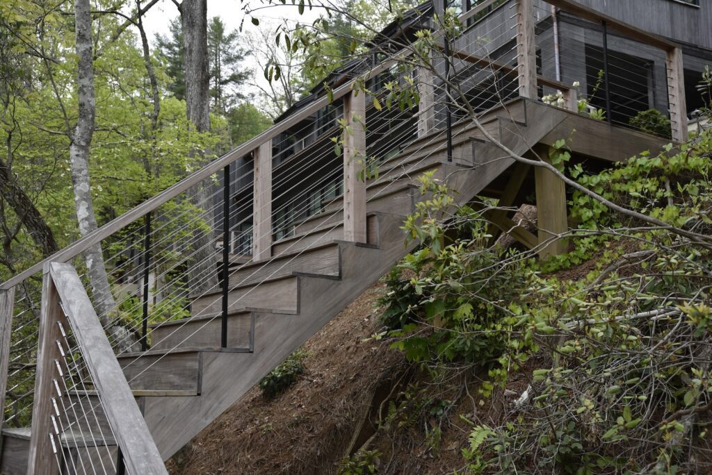Ipe deck stairs showing premium hardwood durability on the dock walkway.