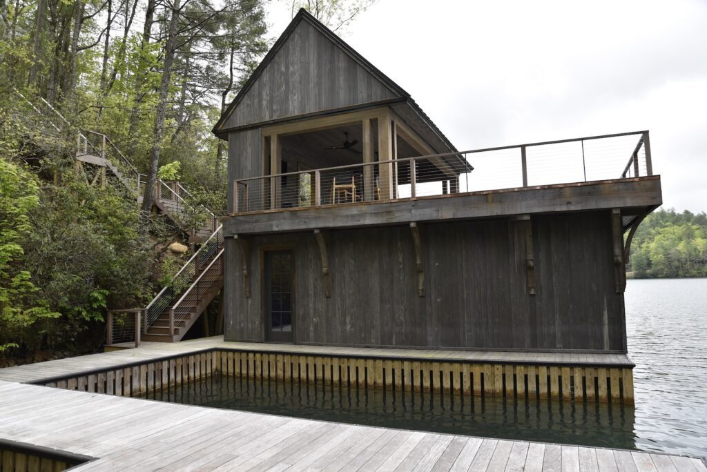 Ipe deck stairs with clean vertical grain lines overlooking the shoreline.