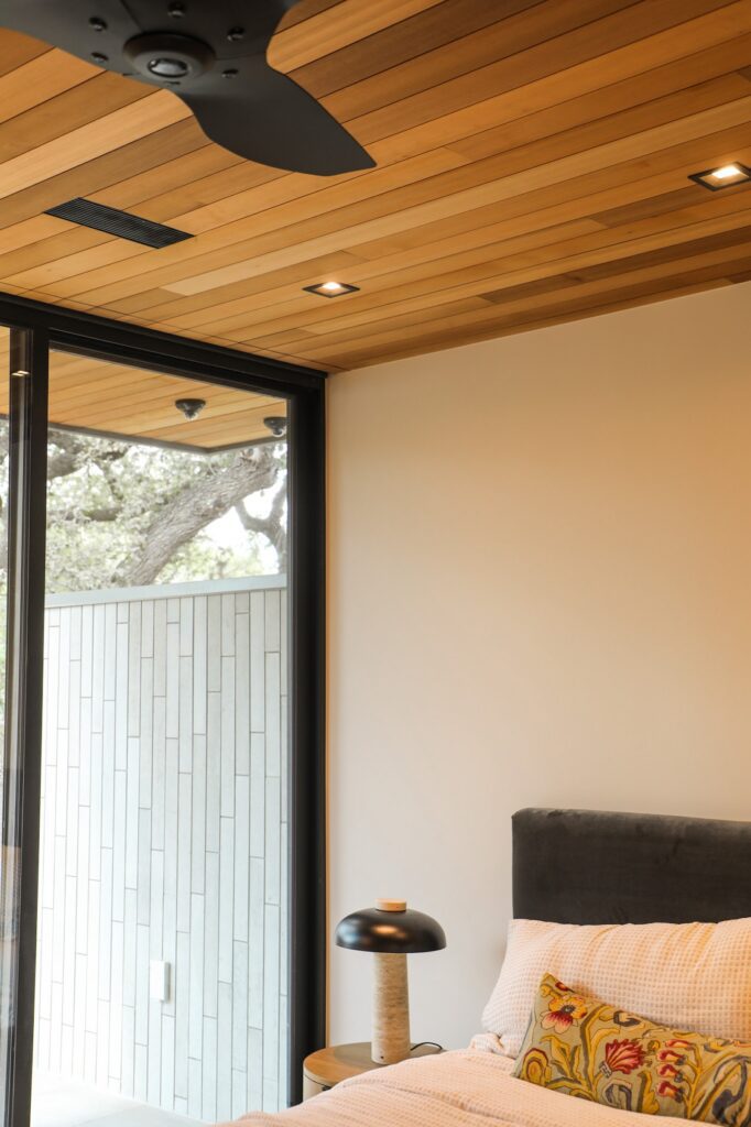 Natural cedar ceiling detail within the interior living space