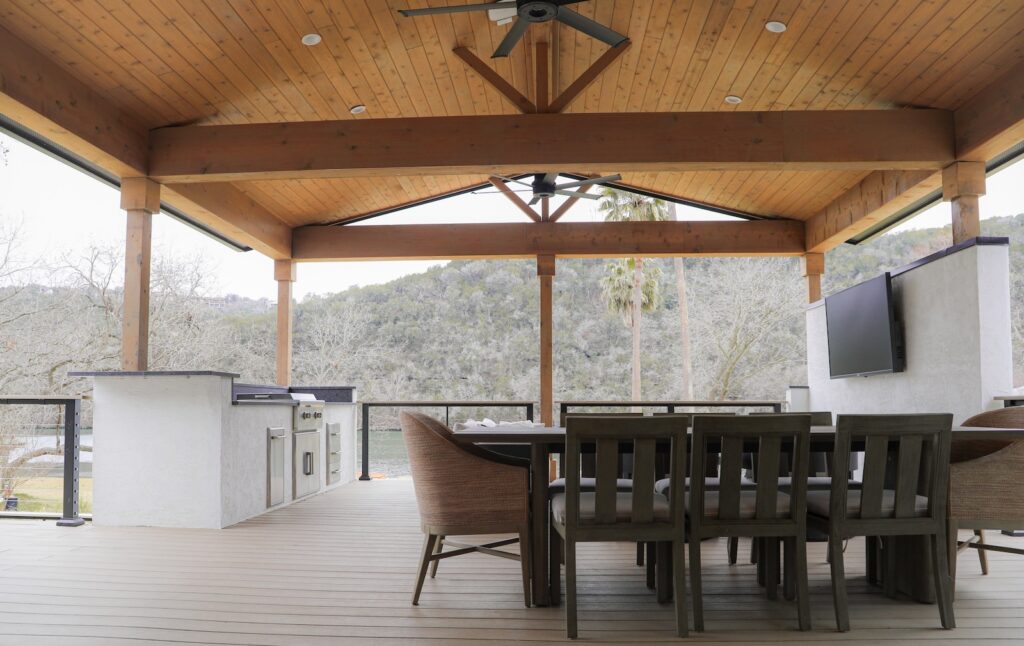 Covered outdoor living space with TimberTech decking on Lake Austin
