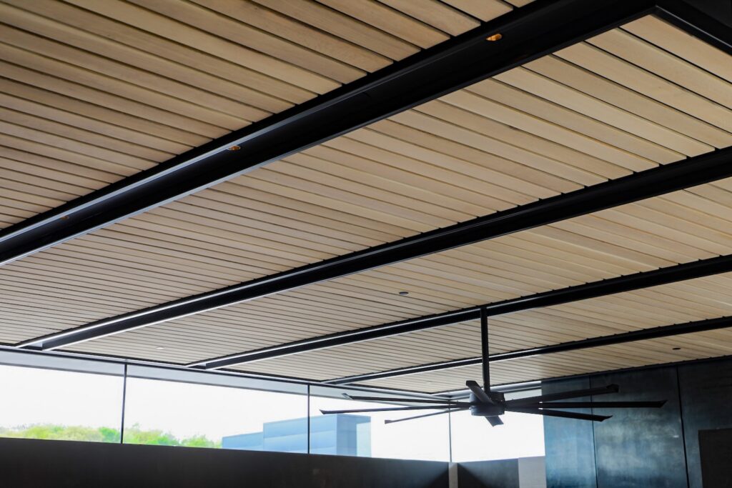 Modern interior featuring custom White Oak soffits