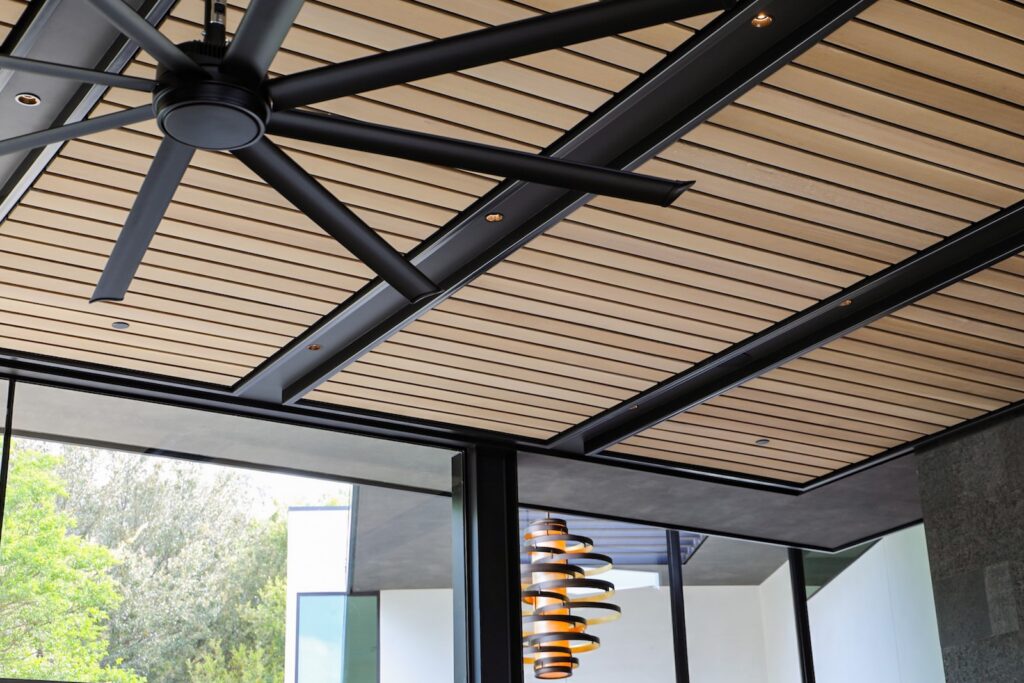 White Oak soffit system integrated with recessed lighting