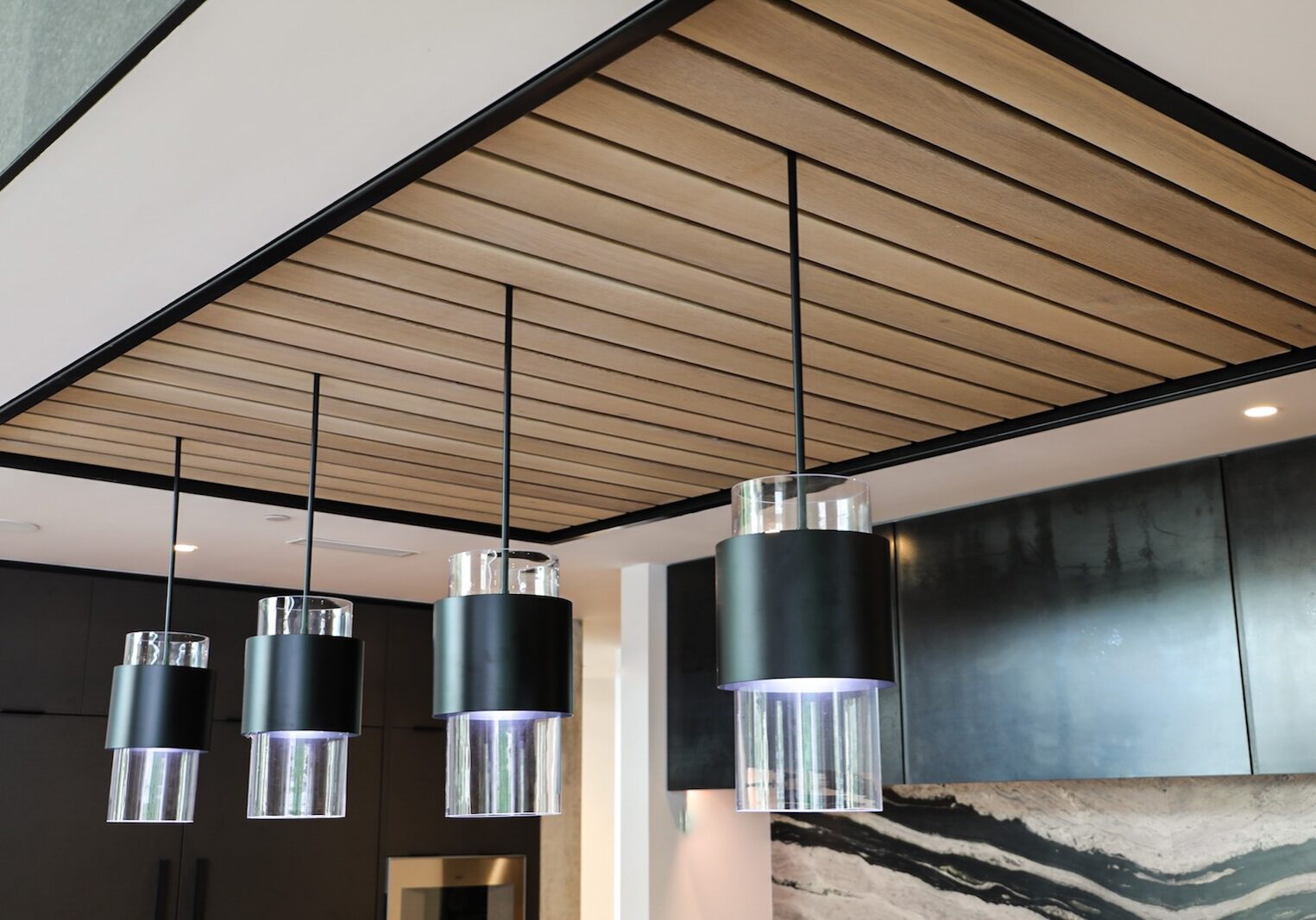 White Oak architectural ceiling system built by Enve Builders